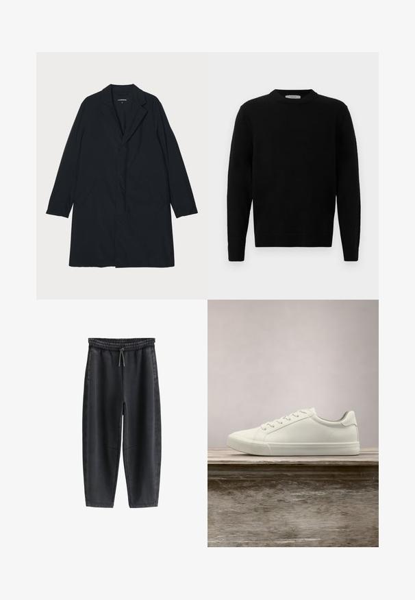 Zwarte lange jas met een geknipte kraag, gemaakt van lichtgewicht materiaal, voorzien van zijzakken en een rechte silhouet. Glad textuur, minimalistisch ontwerp.; Zwarte gebreide sweater met ronde hals, lange mouwen en geribde manchetten. Zachte textuur met een schone, minimale uitstraling, geschikt voor casual draag.; Zwarte taps toelopende joggerbroek met elastische tailleband en trekkoorden, met zijzakken en gestikte kniedetails.; Witte vetersneaker die boven een houten bank zweeft met groene bladeren op de achtergrond, waarbij het ontwerp en de textuur van de schoen worden getoond.