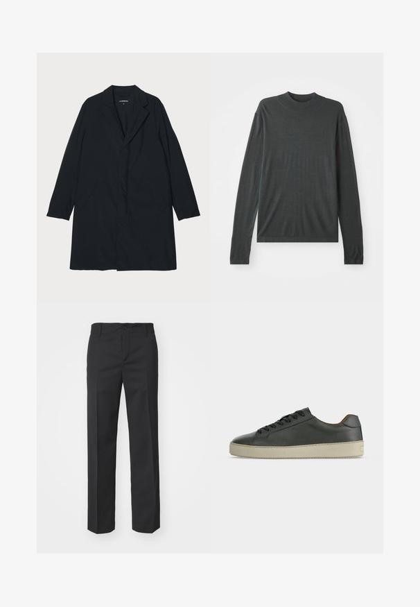 Sort lang frakke med klapkrave, lavet af letvægtsmateriale, med sidelommer og en lige silhuet. Glat tekstur, minimalistisk design.; Mørkegrå langærmet strikket sweater med høj, ribbet krave. Blød tekstur, afslappet pasform og ingen synlige mønstre eller hardwaredetaljer.; Filippa K TROY TROUSERS - Bukser - black; Lav top sort lædersneaker med sorte snørebånd og off-white gummisål, set fra den ydre side på hvid baggrund.
