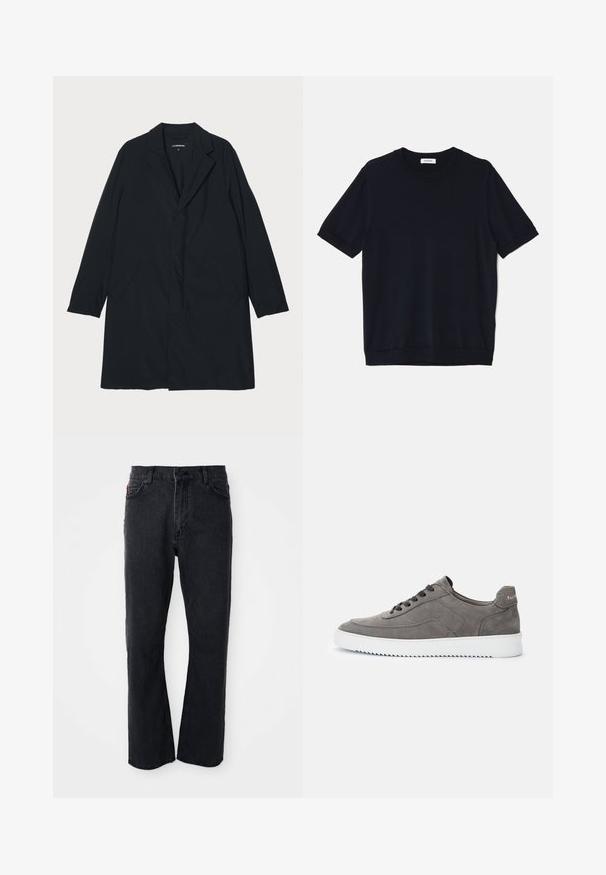 Schwarzer langer Mantel mit Reverskragen, aus leichtem Material gefertigt, mit Seitentaschen und geradem Schnitt. Glatte Textur, minimalistisches Design.; sandro PABLO TEE - T-Shirt basic - noir; Schwarze Denim-Jeans mit geradem Bein, hoher Taille, Knopfverschluss und dezenten Nähdetails an den Taschen und Nähten.; Grauer Low-Top-Sneaker aus Wildleder mit schwarzen Schnürsenkeln und weißer Gummisohle, Seitenansicht, zeigt den Markennamen auf der Fersenschlaufe.