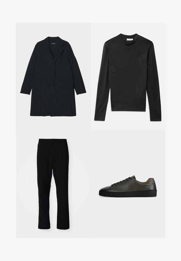 Sort lang frakke med klapkrave, lavet af letvægtsmateriale, med sidelommer og en lige silhuet. Glat tekstur, minimalistisk design.; Mørkegrå langærmet crew neck shirt med slim fit og J. Lindeberg label ved halsudskæringen, lagt fladt på en hvid baggrund.; Sorte bukser med slim fit. De har en elastisk talje og lige ben, lavet af et glat stof med en mat finish.; Lavtskåret mørkegrå læder sneaker med sorte snørebånd og sål, minimalistisk design, sideprofil på en ensfarvet lys baggrund.