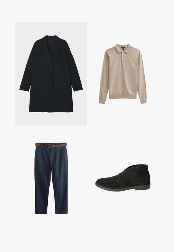 Zwarte lange jas met een geknipte kraag, gemaakt van lichtgewicht materiaal, voorzien van zijzakken en een rechte silhouet. Glad textuur, minimalistisch ontwerp.; Beige poloshirt met lange mouwen, voorzien van een kraag, drie knopen en geribde manchetten. Zachte stof met een effen textuur.; Marineblauwe rekbare broek met een rechte snit, voorzien van zijzakken, een bruine leren riem en een gladde stoftextuur.; Zwarte suède enkellaars met twee veterogen en een platte zwarte zool, getoond vanuit de buitenkant tegen een witte achtergrond.