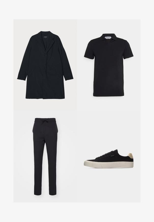 Sort lang frakke med klapkrave, lavet af letvægtsmateriale, med sidelommer og en lige silhuet. Glat tekstur, minimalistisk design.; Sort kortærmet polo-shirt med klassisk krave, lavet af glat stof. Har et mærke med brandnavnet 'Filippa K' ved halsudskæringen.; Sorte, tætsiddende bukser lavet af et blødt stof. Har en elastisk talje med snore og sidelommer med en glat overflade.; Sort lavsko med beige hælkappe, tyk hvid gummisål, sorte snørebånd og lille "PS Paul Smith" mærke på siden.