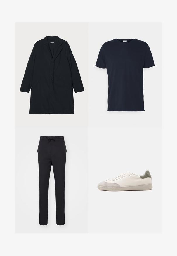 Sort lang frakke med klapkrave, lavet af letvægtsmateriale, med sidelommer og en lige silhuet. Glat tekstur, minimalistisk design.; Marineblå bomulds t-shirt med rund hals og korte ærmer, med en glat tekstur og enkel design, uden synlige mønstre eller accenter.; Sorte, tætsiddende bukser lavet af et blødt stof. Har en elastisk talje med snore og sidelommer med en glat overflade.; Hvid lav sneaker med lysegrå ruskind på tå og hæl, hvide snørebånd og en flad beige sål, vist fra ydersiden.