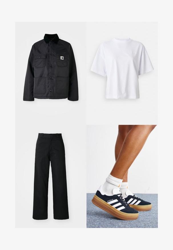 Veste noire matelassée avec un col en velours côtelé, dotée de deux poches avant, de pressions et d'un écusson blanc sur la poitrine gauche.; T-shirt en coton blanc avec une coupe décontractée, des manches courtes et un col rond côtelé. Présente un branding subtil sur la poitrine.; Pantalons larges noirs avec un devant plat, une fermeture à bouton et des passants de ceinture. Fabriqués en tissu durable avec une texture lisse.; Jambes portant des chaussettes blanches et des baskets Adidas Gazelle noires avec des bandes blanches et des semelles épaisses marron sur un sol recouvert de moquette grise.