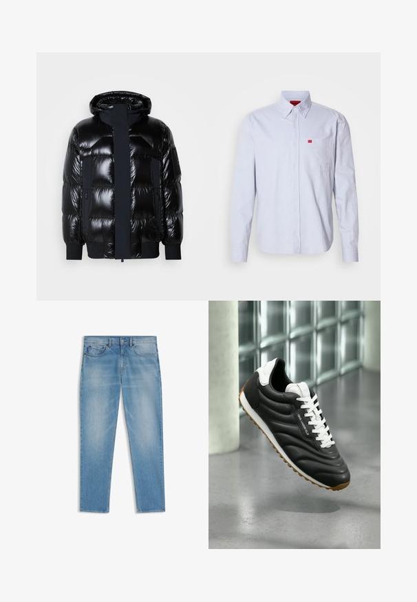 Schwarze Pufferjacke mit glänzender Oberfläche, Kapuze, Reißverschluss und gerippten Bündchen. Verfügt über zwei seitliche Taschen und einen Logopatch am Ärmel.; Hellblaues Hemd mit Knöpfen aus Stoff mit glatter Textur. Verfügt über ein kleines rotes Logo auf der Brusttasche und einen Button-Down-Kragen.; Hellblaue Jeans aus Denim mit klassischem Fünf-Taschen-Design, Knopf- und Reißverschluss sowie dezenten Ausbleichungen an Oberschenkeln und Knien.; Schwarzer Ledersneaker mit weißen Akzenten, strukturierter Oberseite, weißen Schnürsenkeln und einer braunen Gummisohle mit kleinen Profilstollen für besseren Halt.