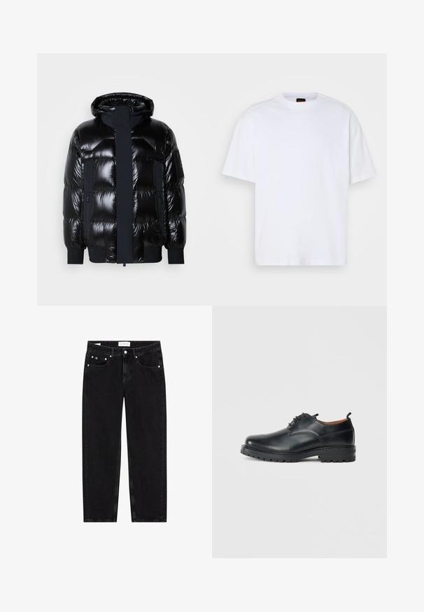 Schwarze Pufferjacke mit glänzender Oberfläche, Kapuze, Reißverschluss und gerippten Bündchen. Verfügt über zwei seitliche Taschen und einen Logopatch am Ärmel.; Weißes Baumwoll-T-Shirt mit Rundhalsausschnitt, kurzen Ärmeln und lässiger Passform. Verfügt über strukturierte Schulternaht für zusätzliche Details.; Schwarze Denim-Jeans mit geradem Bein, leicht distressed Textur, fünf Taschen und silbernen Hardware-Details. Etikett am Bund.; Schwarze Leder Derby-Schuhe mit glatter Textur, runder Zehenform, Schnürdesign und einer dicken, robusten Gummisohle.