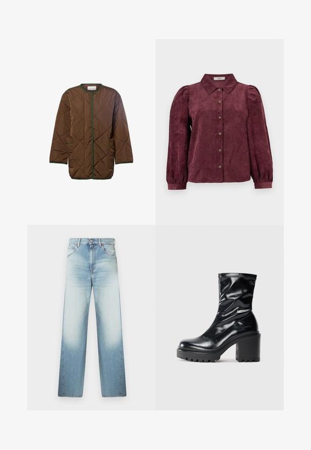 Bruine gewatteerde jas met groen accent, diagonale stiksels, ronde halslijn en twee zijzakken. Lichtgewicht, functioneel ontwerp.; Bordeaux corduroy shirt met een kraag, knoopsluiting aan de voorkant, lange pofmouwen en elastische manchetten. Verticaal textuurpatroon overal.; Lichtblauwe spijkerbroek met losse pasvorm, voorzien van een hoge taille, ontwerp met vijf zakken en subtiele vervaging naar de onderkant van de pijpen.; Zwarte leren laars tot halverwege de kuit met een stevige blokhak en geribbelde zool, afgebeeld in profil op een effen lichte achtergrond.