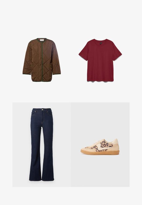 Braune gesteppte Jacke mit grünem Besatz, diagonalen Nähten, rundem Ausschnitt und zwei Seitentaschen. Leichtes, funktionales Design.; Kurzärmliges, rundhalsiges, einfarbiges T-Shirt in dunklem Rot, flach auf weißem Hintergrund dargestellt.; Dunkelblaue, hoch taillierte Jeans aus Denim mit Gürtelschlaufen, vorderem Knopf, Reißverschluss, Vorder- und Gesäßtaschen und leicht ausgestellten Beinen.; Löwenmuster-Sneaker mit beige Wildleder-Obermaterial, tanfarbener Gummisohle und weißen Akzenten. Runde Zehenform und Schnürdesign mit strukturiertem Finish.