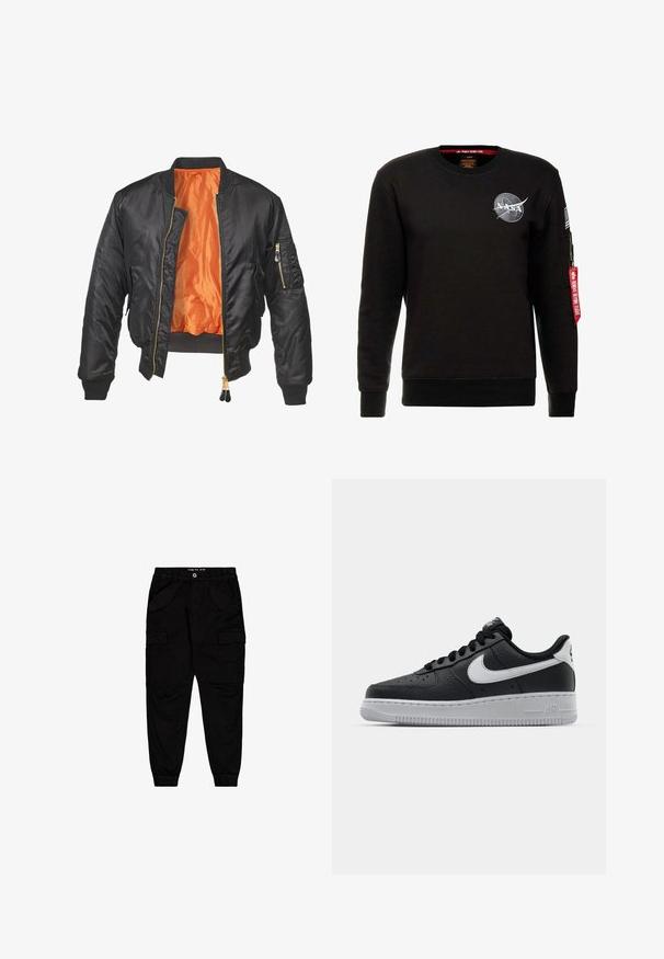 Sort bomberjakke med en blank overflade, orange foring, ribbede manchetter og en lynlåslomme på venstre ærme. Gyldne lynlåsdetaljer.; Alpha Industries NASA - Sweatshirt - schwarz; Sorte cargobukser lavet af bomuld, med to forlommer og to side cargolommer, samt elastiske manchetter og talje.; Sort lædersneaker med tekstureret overflade, hvid Nike swoosh, grå sål, rund tå og snørebåndsdesign. Har perforeringer på tåboksen.