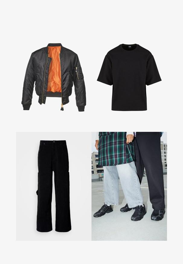 Chaqueta bomber negra con un exterior brillante, forro naranja, puños de canalé y un bolsillo con cremallera en la manga izquierda. Acentos de cremallera dorada.; Urban Classics SCUBA TEE - Camiseta básica - black; Pantalones anchos de pana negra con tejido texturizado, dos bolsillos delanteros y un bolsillo lateral tipo cargo. Cierre de botón en la cintura.; Zapatillas deportivas negras con acentos de malla y goma. Combinadas con jeans de pierna ancha de color gris claro y una blusa de cuadros verdes. Fondo de superficie plana.