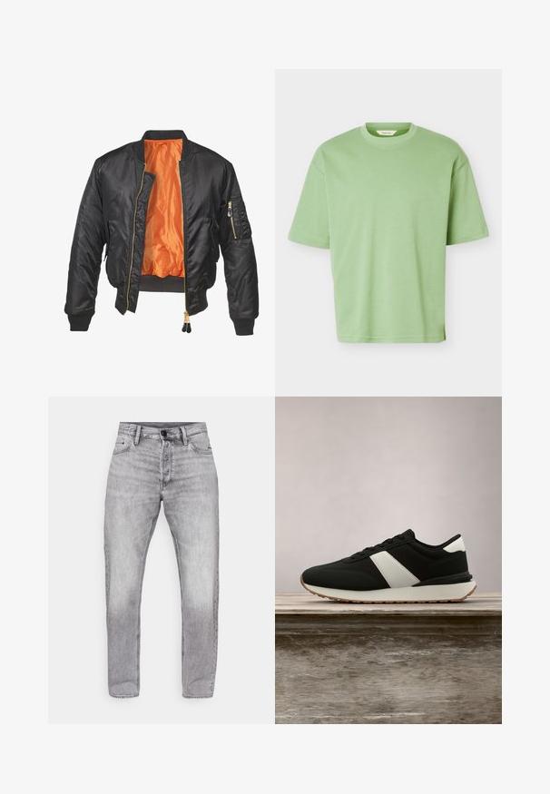 Veste bomber noire avec un extérieur brillant, doublure orange, poignets côtelés et une poche zippée sur la manche gauche. Accents de fermeture éclair dorés.; T-shirt uni vert clair à manches courtes et col rond, avec une coupe régulière et une texture de tissu douce, présenté sur fond blanc.; Jeans en denim gris à coupe droite, avec un délavage dégradé, design cinq poches et fermeture standard à bouton et zip.; Des baskets athlétiques noires avec une bande blanche, une tige en tissu lisse et une semelle en caoutchouc marron contrastante. Placées au-dessus d'une surface en bois.