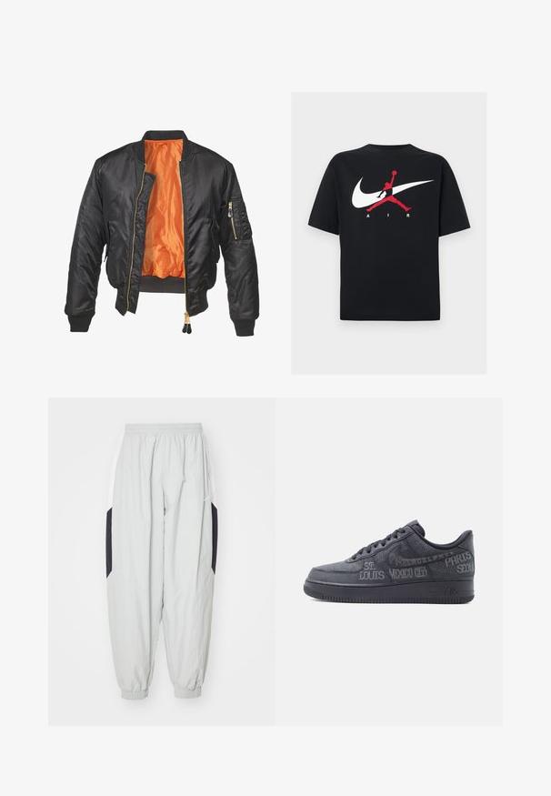 Chaqueta bomber negra con un exterior brillante, forro naranja, puños de canalé y un bolsillo con cremallera en la manga izquierda. Acentos de cremallera dorada.; Camiseta negra de algodón con cuello redondo, que presenta un gran logo blanco de Nike y un logotipo Jumpman rojo junto con el texto "AIR" en blanco.; Pantalones de chándal ligeros en gris claro, fabricados con material ligero, con cintura y puños elásticos, y paneles laterales en negro y blanco contrastantes.; Zapatilla negra de perfil bajo con nombres de ciudades en relieve como St. Louis, Ciudad de México, París y Seúl en la parte superior de cuero y la suela.