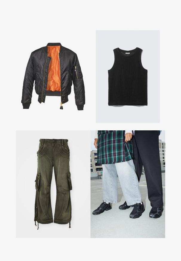 Sort bomberjakke med en blank overflade, orange foring, ribbede manchetter og en lynlåslomme på venstre ærme. Gyldne lynlåsdetaljer.; Sort ærmeløs top lavet af tekstureret ribbet stof. Har en rundet halsudskæring og en lige kant. Enkel design uden yderligere accenter.; Oliven grønne cargo bukser lavet af bomuld med en afslappet pasform, featuring sidelommer, lynlåse ved anklerne og snore ved kanten.; Sorte atletik sko med mesh- og gummidetaljer. Båret med lysegrå vide jeans og en ternet grøn bluse. Flad overflade i baggrunden.