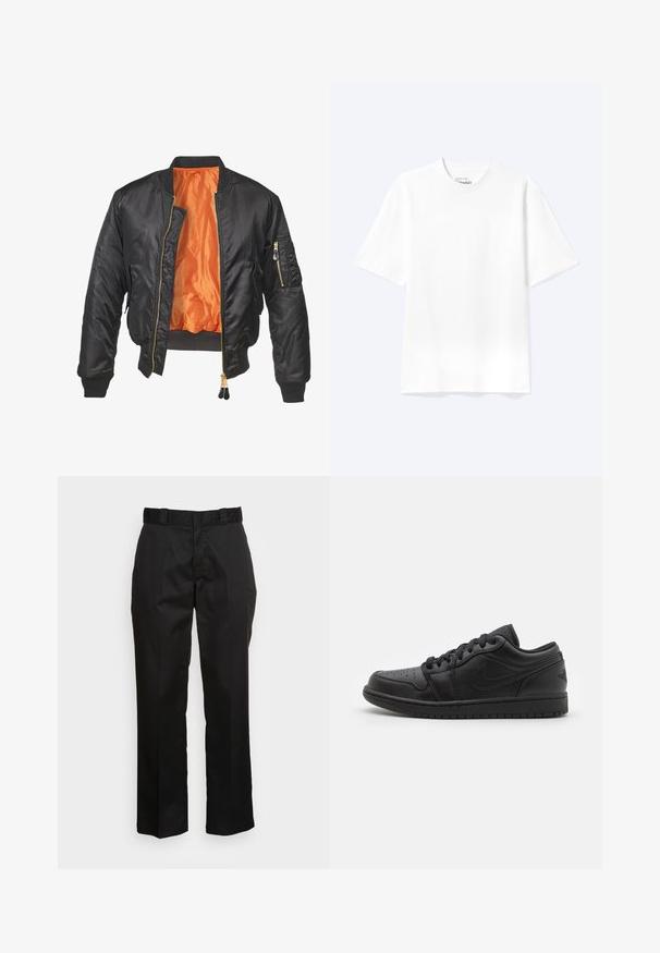 Veste bomber noire avec un extérieur brillant, doublure orange, poignets côtelés et une poche zippée sur la manche gauche. Accents de fermeture éclair dorés.; T-shirt blanc uni à manches courtes et col rond avec une coupe décontractée, présenté sur un fond clair.; Pantalons noirs en tissu lisse, avec une coupe droite, des passants de ceinture et deux poches latérales. Look classique sans embellissements.; Baskets basses en cuir noir avec embout perforé, lacets plats, col rembourré et semelle texturée. Dotées d'un logo discret à l'arrière.