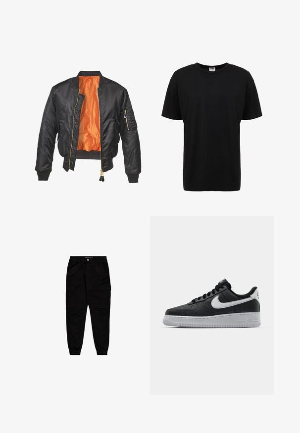 Zwarte bomberjack met een glanzende buitenkant, oranje voering, geribde manchetten en een ritszak op de linker mouw. Gouden ritsaccenten.; Zwart katoenen T-shirt met ronde hals, korte mouwen, standaard pasvorm, soepele textuur en geen zichtbare patronen of accenten.; Zwarte cargobroek van katoen, met twee vozakken en twee zijcargozakken, voorzien van elastische boorden en een elastische tailleband.; Zwarte lederen sneaker met een textuur oppervlak, witte Nike swoosh, grijze zool, ronde neus en vetersluiting. Bevat perforaties op de neus.