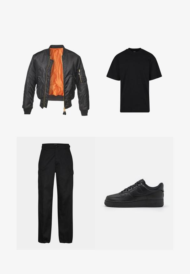 Veste bomber noire avec un extérieur brillant, doublure orange, poignets côtelés et une poche zippée sur la manche gauche. Accents de fermeture éclair dorés.; T-shirt noir à manches courtes avec col rond, coupe décontractée, design simple sans logos ni motifs visibles.; Pantalons cargo noirs avec une coupe droite, dotés de poches latérales, d'une fermeture à bouton et de poignets élastiques aux chevilles. Fabriqués en tissu résistant.; Nike Sportswear AIR FORCE 1 07 FLYEASE - Baskets basses - black