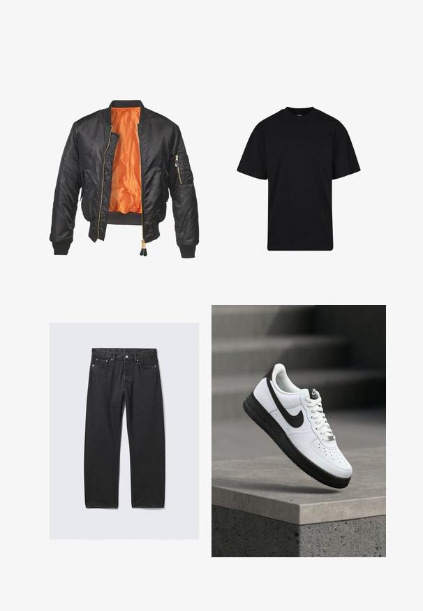 Zwarte bomberjack met een glanzende buitenkant, oranje voering, geribde manchetten en een ritszak op de linker mouw. Gouden ritsaccenten.; Zwarte T-shirt met korte mouwen en ronde hals, een ontspannen pasvorm, eenvoudig ontwerp zonder zichtbare logo's of patronen.; Zwarte rechte denim jeans met vijf zakken en een knoopsluiting in de taille, plat gelegd op een lichte achtergrond.; Witte leren sneaker met zwarte accenten, afgeronde neus en geperforeerde details. Zwarte rubberen zool met een gestructureerd patroon en vetersluiting.