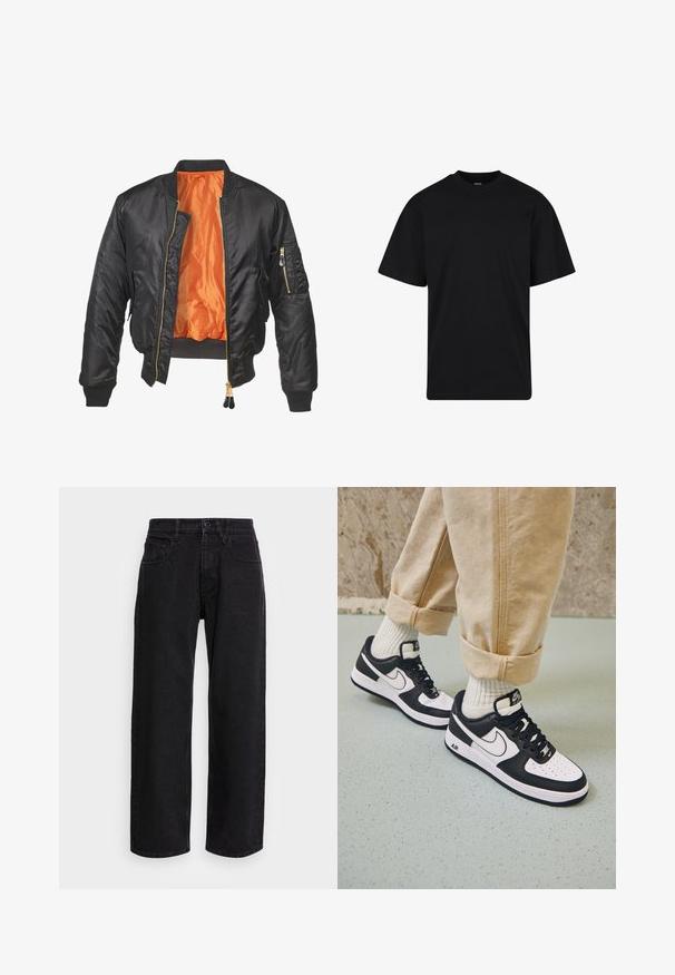 Chaqueta bomber negra con un exterior brillante, forro naranja, puños de canalé y un bolsillo con cremallera en la manga izquierda. Acentos de cremallera dorada.; Camiseta negra de manga corta con cuello redondo, corte holgado, diseño liso y sin logotipos ni patrones visibles.; Pantalones de mezclilla anchos negros con cintura alta, que cuentan con cinco bolsillos y un cierre de botón. La tela tiene una textura suave y un ligero estiramiento.; Zapatillas Nike Air Force 1 en blanco y negro con parte superior de cuero, puntera perforada y detalle de suela texturizada, combinadas con pantalones beiges remangados y calcetines blancos.