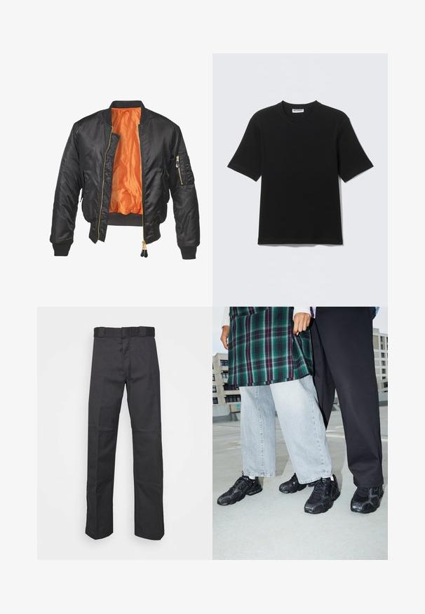 Zwarte bomberjack met een glanzende buitenkant, oranje voering, geribde manchetten en een ritszak op de linker mouw. Gouden ritsaccenten.; Zwart T-shirt met korte mouwen en ronde hals, met een label "WEEKDAY" aan de binnenkant van de kraag, plat neergelegd op een lichte achtergrond.; Zwarte broek van duurzaam materiaal, met een rechte pijpdesign, een tailleband met riemlussen en naden voor extra textuur.; Zwarte sportieve schoenen met mesh- en rubberaccenten. Draagt een lichtgrijze wijde spijkerbroek en een groen geruit shirt. Effen achtergrond.