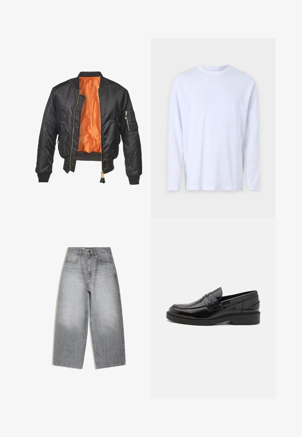 Zwarte bomberjack met een glanzende buitenkant, oranje voering, geribde manchetten en een ritszak op de linker mouw. Gouden ritsaccenten.; Witte longsleeve t-shirt gemaakt van zachte katoen, met een ronde hals en subtiele stikdetails over de voorkant en de schouders.; Grijze denim jeans met hoge taille en wijde pijpen, voorzakken en knoopsluiting, plat weergegeven op een witte achtergrond.; Zwarte leren instappers met een gladde afwerking, ronde neus, lage hak en decoratieve stiksels aan de voorkant. Rubberen buitenzool voor grip.