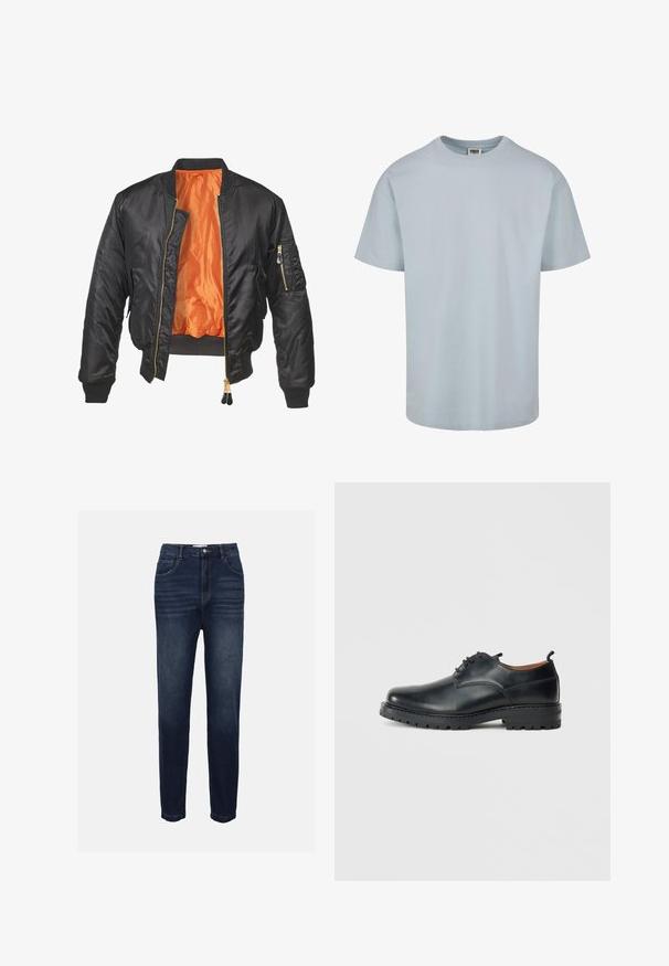 Veste bomber noire avec un extérieur brillant, doublure orange, poignets côtelés et une poche zippée sur la manche gauche. Accents de fermeture éclair dorés.; T-shirt en coton bleu clair, à manches courtes, col rond, coupe décontractée, ourlet régulier, sans motifs ni ornements visibles.; Jeans en denim bleu foncé avec une coupe droite, comprenant des poches avant et des détails de couture horizontale subtils. Design classique à cinq poches.; Chaussures derby en cuir noir avec une texture lisse, bout rond, design à lacets et une semelle en caoutchouc épaisse et robuste.