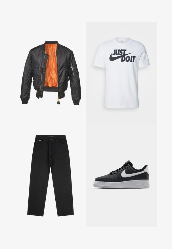 Veste bomber noire avec un extérieur brillant, doublure orange, poignets côtelés et une poche zippée sur la manche gauche. Accents de fermeture éclair dorés.; T-shirt en coton blanc avec un logo noir "Just Do It" bien en vue et le swoosh de Nike. Design classique à col rond avec des manches courtes.; Jean noir à jambes droites avec cinq poches, fermeture par bouton et passants pour ceinture, taille 32.; Baskets en cuir noir avec surface texturée, swoosh Nike blanc, semelle grise, bout rond et design à lacets. Comprend des perforations sur la boîte à orteils.
