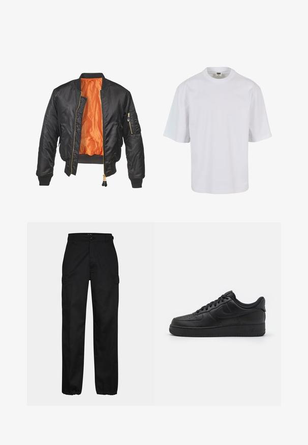 Zwarte bomberjack met een glanzende buitenkant, oranje voering, geribde manchetten en een ritszak op de linker mouw. Gouden ritsaccenten.; Witte, korte mouw t-shirt van katoen. Beschikt over een ronde hals en een losse pasvorm met een gladde textuur en geen zichtbare patronen of graphics.; Zwarte cargobroek met een rechte pasvorm, voorzien van zijzakken, een knoopsluiting en elastische boorden bij de enkels. Gemaakt van duurzaam materiaal.; Nike Sportswear AIR FORCE 1 07 FLYEASE - Sneakers laag - black