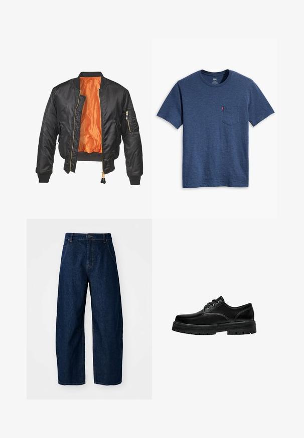 Veste bomber noire avec un extérieur brillant, doublure orange, poignets côtelés et une poche zippée sur la manche gauche. Accents de fermeture éclair dorés.; T-shirt bleu à manches courtes avec col ras du cou, poche poitrine et petite étiquette rouge sur la poche, posé à plat sur un fond blanc.; Jean en denim foncé à jambes larges et taille haute, avec cinq poches, fermeture à l'avant par bouton et détails de couture visibles.; Chaussure en cuir noir à lacets avec un bout rond, finition texturée et semelle extérieure en caoutchouc épaisse présentant une profondeur de relief pour une meilleure adhérence.