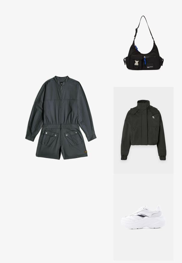 Schwarze Cropped-Jacke mit hohem Kragen, zwei Reißverschlussfronttaschen, elastischen Bündchen und einem kleinen Logo-Detail auf der oberen Brust.; Dunkelgrauer kurzärmeliger Overall mit Frontreißverschluss, elastischem Bund und zwei mit Knöpfen versehenen Klappentaschen vorne an den Shorts.; Weißer klobiger Sneaker mit Mesh- und Lederobermaterial, dicker Sohle, metallisch-silbernem Detail und „Karl Lagerfeld“-Branding an der Seite.; Schwarze Nylon-Schultertasche mit geschwungener Form, verstellbarem Riemen, Fronttasche mit Verschluss, blauen Akzenten und Logodetail.