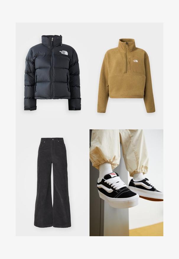 Čierna puffa bunda vyrobená z lesklého, vodoodolného materiálu. Má vysoký golier, predný zips a logo na ľavej hrudi. Krátky dizajn.; Béžový flísový pulóver s polovičným zipsom na golieri, predným vreckom a elastickým lemom; má mäkký, textúrovaný povrch a biely logo akcent.; Čierne kordové nohavice s voľným strihom a vysokým pásom, so prednými vreckami a zapínaním na gombík. Tkanina má mäkký, štruktúrovaný povrch.; Osoba nosiaca čierno-biele tenisky Vans s bielymi šnúrkami, bielymi ponožkami a béžové nohavice s elastickými lemami.