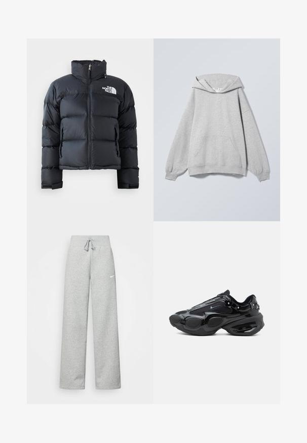 Doudoune noire en matériau brillant et résistant à l'eau. Elle présente un col haut, une fermeture éclair sur le devant et un logo sur la poitrine gauche. Design court.; Sweat à capuche gris clair avec manches longues, poche kangourou à l'avant, poignets côtelés et étiquette "Weekday" à l'intérieur du col.; Pantalon de survêtement gris avec une taille élastique, un détail de cordon de serrage et un petit logo Nike blanc sur la cuisse gauche. Tissu doux, coupe ample.; Baskets noires avec des panneaux brillants et en mesh, segments de semelle arrondis et petites décorations florales près du talon et des lacets.