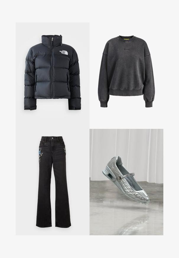 Zwarte pufferjack gemaakt van glanzend, waterafstotend materiaal. Voorzien van een hoge kraag, een rits aan de voorkant en een logo op de linkerborst. Korte stijl.; Donkergrijze oversized crewneck trui met lange mouwen, geribde manchetten en zoom, en subtiele kleine geborduurde logo op de borst.; Zwarte high-waist wijde jeans met geborduurde blauw-witte bloemenontwerpen op de bovenbenen en een vijfzakkenmodel.; Enkele zilveren Mary Jane schoen met een gestructureerd ontwerp en gespbandje, zwevend boven een reflecterende vloer met witte gordijnen op de achtergrond.
