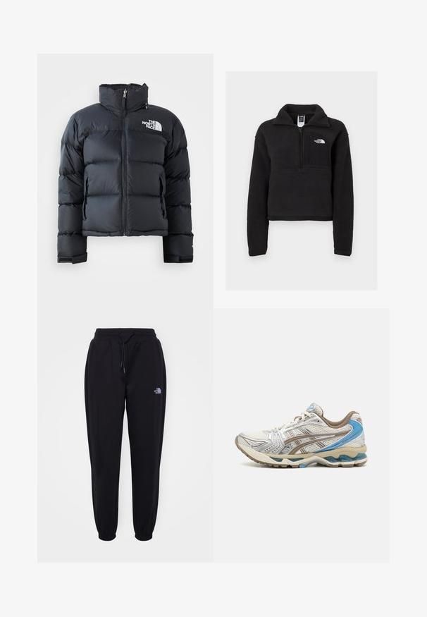 Čierna puffa bunda vyrobená z lesklého, vodoodolného materiálu. Má vysoký golier, predný zips a logo na ľavej hrudi. Krátky dizajn.; Čierny fleece pulóver s kvartovým zipsom, vysokým golierom a hrudným vreckom so bielym logom. Mäkká textúra a skrátený strih.; Čierne športové nohavice s elastickým pásom a manžetami, sťahovacou šnúrkou, postrannými vreckami a malým bielym logom The North Face na pravej stehne.; Bielo-béžová bežecká obuv s modrými akcentmi, sieťovinovým zvrškom, polstrovanou podrážkou a šnurovaním, zobrazená z vonkajšej strany.