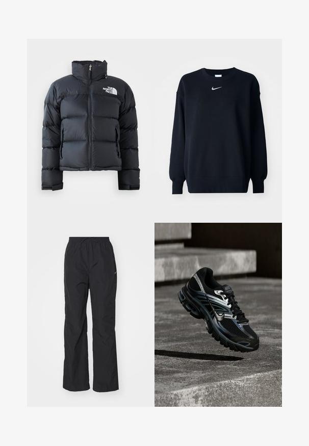 Čierna puffa bunda vyrobená z lesklého, vodoodolného materiálu. Má vysoký golier, predný zips a logo na ľavej hrudi. Krátky dizajn.; Čierna mikina vyrobená z bavlnenej zmesi; rebrovaný okrúhly výstrih, dlhé rukávy a elastické manžety; s malým strieborným logom Nike na hrudi.; Čierne, ľahké nohavice s elastickým pásom a šnúrkou. Majú textúrovaný povrch a malú reflexnú nášivku na boku.; Čierno-strieborná bežecká topánka Nike vznášajúca sa nad betónovými schodmi, zobrazujúca detailný dizajn a textúrovanú podrážku v exteriéri.