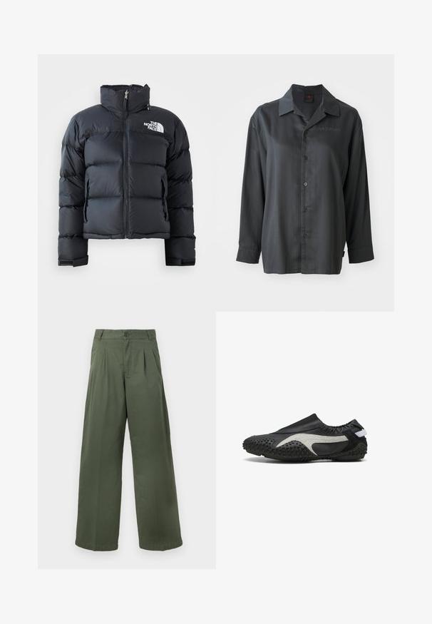 Schwarze Steppjacke aus glänzendem, wasserabweisendem Material. Verfügt über einen hohen Kragen, einen Frontreißverschluss und ein Logo auf der linken Brust. Kurzes Design.; Schwarzes Langarmhemd, glattes Material, durchgängige Knopfleiste, spitzes Kragen, dezente "AIR JORDAN" Stickerei auf der Brust, lässige Passform.; Grüne Hosen mit weitem Bein aus Baumwolle, mit Knopfverschluss, plissiertem Vorderteil und glatter Textur mit gerade gesäumtem Abschluss.; Schwarzer Slipper mit strukturierter Gummisohle und weißem Wildleder-Wellendesign an der Seite, elastischem Einstieg und Zuglasche an der Ferse.