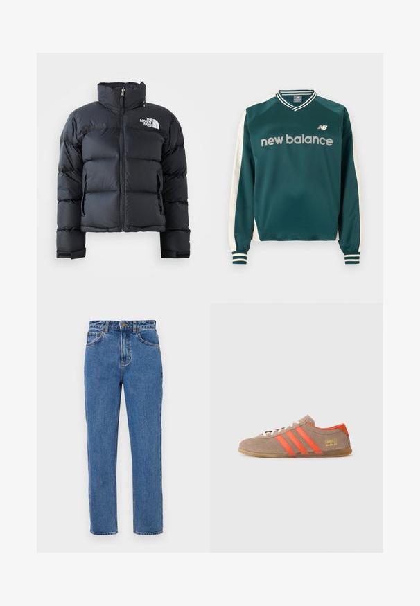 Schwarze Steppjacke aus glänzendem, wasserabweisendem Material. Verfügt über einen hohen Kragen, einen Frontreißverschluss und ein Logo auf der linken Brust. Kurzes Design.; Dunkelgrünes langärmeliges Sportoberteil von New Balance mit weißen Streifen an den Ärmeln sowie gestreiftem, geripptem Kragen und Bündchen.; Hochtaillierte blaue Jeans aus Denim, gerade Beine, Knopfverschluss, fünf Taschen, leichte Ausbleichungen und tonale Nähdetails.; Braune Wildleder-Sneaker mit drei leuchtend orangefarbenen Streifen, Schnürung vorne und goldenem "Gazelle"-Branding an der Seite. Flache Gummisohle.