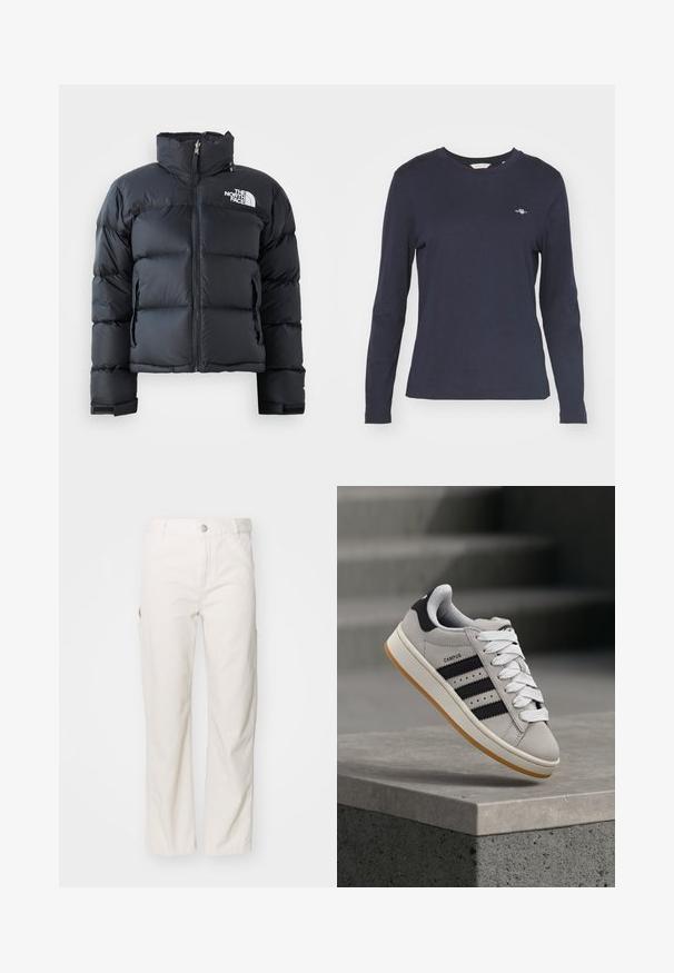 Čierna puffa bunda vyrobená z lesklého, vodoodolného materiálu. Má vysoký golier, predný zips a logo na ľavej hrudi. Krátky dizajn.; Námornícky modré tričko s dlhým rukávom vyrobené z bavlny, s okrúhlym výstrihom a malým logom na ľavej hrudi. Hladká textúra.; Biele bavlnené cargo nohavice so strihom rovného noha, s bočnými vreckami a zapínaním na gombík v páse. Hladká textúra.; Šedá teniska Adidas Campus s čiernymi pruhmi a bielymi šnúrkami vznášajúca sa nad betónovým múrikom so schodmi v pozadí.