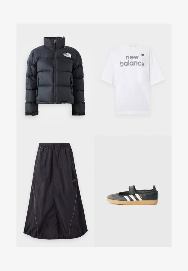 Zwarte pufferjack gemaakt van glanzend, waterafstotend materiaal. Voorzien van een hoge kraag, een rits aan de voorkant en een logo op de linkerborst. Korte stijl.; Wit T-shirt met korte mouwen, zwart "new balance"-tekst en klein "NB"-logo op de borst, getoond tegen een effen achtergrond.; Zwarte lichte nylon sportrok met elastische tailleband en subtiele reflecterende bies langs de zijkanten, New Balance-logo aan de rechterzijde.; Zwarte leren en suède sneaker met een klittenbandsluiting, voorzien van drie witte strepen en een gumzool, met de naam "SAMBA" aan de zijkant.