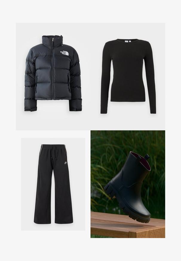 Čierna puffa bunda vyrobená z lesklého, vodoodolného materiálu. Má vysoký golier, predný zips a logo na ľavej hrudi. Krátky dizajn.; Čierny rebrovaný pulóver s dlhými rukávmi a lodičkovým výstrihom, priliehavého strihu a štítkom značky GAP na vnútornej strane goliera.; Čierne tepláky z mäkkej tkaniny, s elastickým pásom a šnúrkou, bočnými pruhmi a malým logom na prednej ľavej strane.; Čierna gumová čižma s hrubou podrážkou, zobrazená ako plávajúca nad dreveným povrchom s zeleným listím v pozadí.