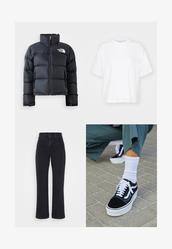 Čierna puffa bunda vyrobená z lesklého, vodoodolného materiálu. Má vysoký golier, predný zips a logo na ľavej hrudi. Krátky dizajn.; Biela bavlnená tričko s okrúhlym výstrihom, krátkymi rukávmi a voľným strihom. Obsahuje jemné logo na ľavej strane hrude. Hladká textúra.; Čierne rifle s vysokým pásom a rovným strihom nohavíc, s vreckami vpredu a pútkami na opasok na bielom pozadí.; Čierne semišové tenisky s bielymi akcentmi a šnúrkami, s hrubou bielou podrážkou a kontrastným prešívaním, doplnené o bielu ponožku.