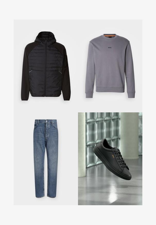 Zwarte jacket met capuchon, voorzien van een gewatteerd ontwerp aan de voorkant, gladde mouwen en ritszakken. Getextureerde stof met een getailleerde silhoët.; Grijze sweatshirt van katoen met een ronde halslijn, ribgebreide boorden en zoom, met een klein 'BOSS' logo op de voorkant.; Blauwe denim jeans met rechte pijpen, hoge taille, knoopsluiting aan de voorkant en vijfzakkenontwerp op een effen lichte achtergrond.; Zwarte lage leren sneaker met zwarte veters en gouden BOSS-logo aan de zijkant, zwevend boven glanzende grijze vloer in een moderne binnenruimte.