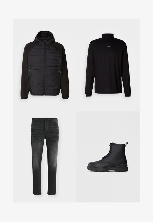Musta takki hupulla, jossa on päällystetty muotoilu edessä, sileät hihat ja vetoketjulliset taskut. Teksturoitu kangas ja istuva siluetti.; Musta pitkähihaisen turtleneck-paita, joka on valmistettu sileästä kankaasta. Paidan rintamuksessa on valkoinen "HUGO" -logo, ja siinä on istuvat hihansuut ja helma.; Mustat skinny-fit farkut vaaleilla yksityiskohdilla, viiden taskun tyyli ja napillinen vyötärön sulkeminen.; Musta nahkainen nilkkabootsi, jossa on nauhoitus edessä, paksu kumipohja ja punainen vetolenkki kannassa, esiteltynä vaaleaa taustaa vasten.