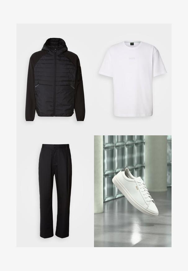 Zwarte jacket met capuchon, voorzien van een gewatteerd ontwerp aan de voorkant, gladde mouwen en ritszakken. Getextureerde stof met een getailleerde silhoët.; Witte katoenen T-shirt met korte mouwen, ronde halslijn en reliëf 'BOSS' logo op de borst. Veilig textuur, standaard pasvorm.; Zwarte broek met een rechte snit, gemaakt van lichtgewicht stof. Heeft een frontale knoopsluiting en twee zijzakken; gladde textuur.; Witte leren lage sneaker met veters, zwarte hielstrook en "BOSS"-logo, zwevend binnenshuis bij een glazen stenen muur en gepolijste vloer.