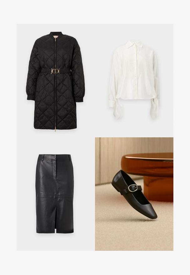 Manteau long matelassé noir avec des poignets élastiques, fermeture éclair à l'avant et ceinture assortie avec une boucle ovale dorée.; Blouse blanche à manches longues avec boutons, col pointu et liens en tissu suspendus à chaque poignet, présentée sur un fond neutre.; Jupe crayon en cuir noir avec une fente avant, présentant une texture lisse, deux poches latérales et une silhouette ajustée.; Chaussure plate Mary Jane en cuir noir avec boucle argentée, exposée sur un tapis beige près d'un pied de table rond marron.