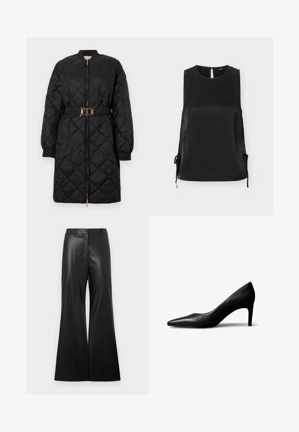 Manteau long matelassé noir avec des poignets élastiques, fermeture éclair à l'avant et ceinture assortie avec une boucle ovale dorée.; Blouse sans manches en satin noir avec encolure ronde, détails noués sur les côtés et fermeture par boutons au dos.; Pantalon large en cuir synthétique noir avec une texture lisse, doté d'une taille ajustée et de plis avant pour un look structuré.; Escarpin pour femme en cuir noir à bout pointu avec talon moyen, présenté de profil sur un fond blanc.