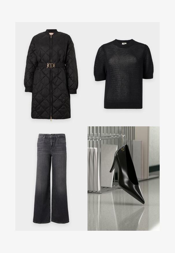 Manteau long matelassé noir avec des poignets élastiques, fermeture éclair à l'avant et ceinture assortie avec une boucle ovale dorée.; Pull en maille noir à manches courtes avec un motif en résille et un col, des poignets et un ourlet côtelés, présenté sur un fond clair.; Jean en denim gris foncé à jambe large avec un dégradé subtil, doté d'une fermeture à bouton, de cinq poches et d'un ourlet droit au niveau de la cheville.; Chaussure noire à talon haut avec bout pointu et logo doré, posée sur une surface réfléchissante près d'un organiseur de dossiers en fil chromé contenant des documents.