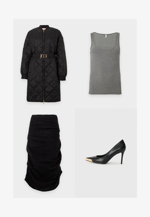Manteau long matelassé noir avec des poignets élastiques, fermeture éclair à l'avant et ceinture assortie avec une boucle ovale dorée.; Débardeur gris à côtes avec un décolleté arrondi, sans manches et une texture lisse, se terminant au niveau des hanches.; Jupe crayon noire taille haute avec des détails en tissu froncé, fabriquée dans un matériau doux et texturé, présentée à plat sur un fond blanc.; Pompe à talon haut en cuir noir avec bout pointu ; présente une accentuation métallique dorée sur le capuchon. Surface lisse avec un design épuré.