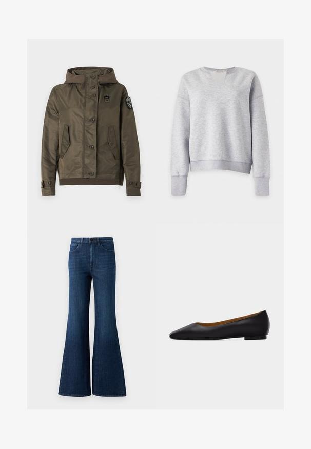 Veste à capuche vert olive avec fermeture à boutons, deux poches à rabat à l'avant, poignets réglables et un écusson sur la manche gauche.; Sweat-shirt gris clair à manches longues avec col rond côtelé, poignets côtelés et ourlet côtelé, présenté sur fond blanc.; Jeans évasés taille haute bleu foncé avec un bouton à l'avant, une fermeture éclair, et un design à cinq poches sur un fond blanc.; Chaussure plate en cuir noir à bout pointu avec talon bas et finition lisse, vue de côté sur un fond gris clair.