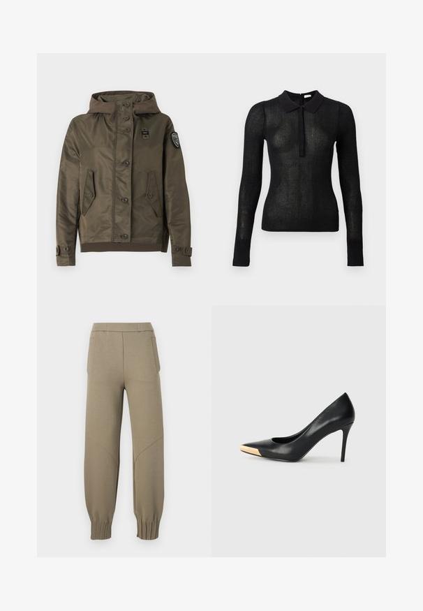 Veste à capuche vert olive avec fermeture à boutons, deux poches à rabat à l'avant, poignets réglables et un écusson sur la manche gauche.; Haut en tricot noir à manches longues, ajusté, avec une texture transparente et un col uni, patte de boutonnage à l'avant, présenté sur un fond uni.; Pantalon jogger beige avec poignets élastiques, poches latérales et détails de couture aux genoux, présenté sur un fond blanc.; Pompe à talon haut en cuir noir avec bout pointu ; présente une accentuation métallique dorée sur le capuchon. Surface lisse avec un design épuré.