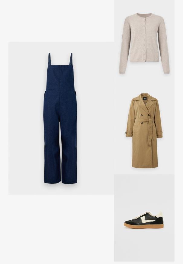 Khaki värvi trench coat, mis on valmistatud kangast, millel on kahekordne rinnakk, suured nööbid ja sidumisrihm koos üles pööratud varrukatega.; Tumed denim üleüldised püksid laia säärega, reguleeritavate rihmade ja küljetaskutega, millel on puhas, minimalistlik disain ja sile tekstuur.; Beež kardigan pehmest kootud kangast, millel on ümar kaelus, pikad varrukad ja ees kaheksa sobivat nööpi.; Must musta ja nahast sneakersid, millel on koorevärvi külgsuund ja hele koorik. Omab beeži paelu ja kummi kummist välistalla.